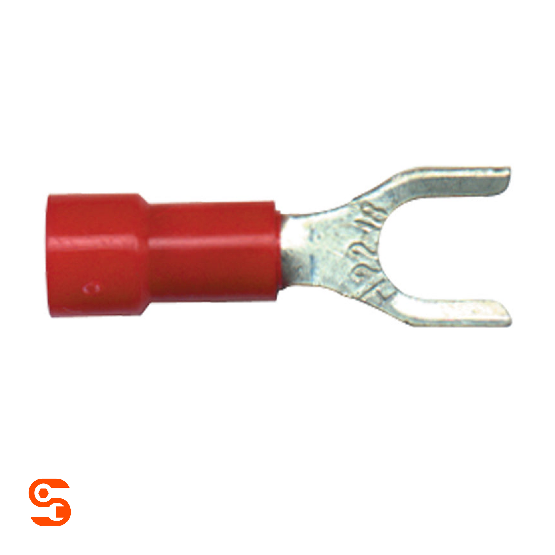 Red vinyl insulated spade terminal with forked metal connector for #10 stud
