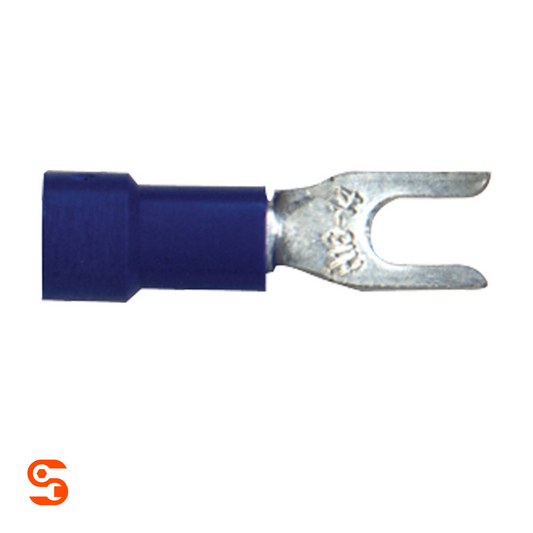 Blue vinyl insulated spade terminal with silver metal fork connector for 16-14 AWG wire