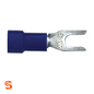 Blue vinyl insulated spade terminal with silver metal fork connector for 16-14 AWG wire
