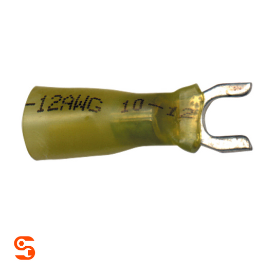 Yellow heat shrink spade terminal with metal #10 fork connector, single piece
