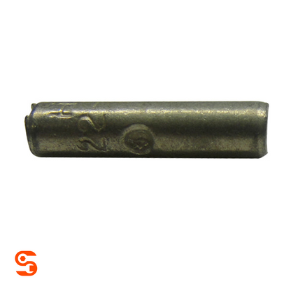 Single dark metal non-insulated butt connector with stamped markings on a white background