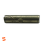 Single dark metal non-insulated butt connector with stamped markings on a white background