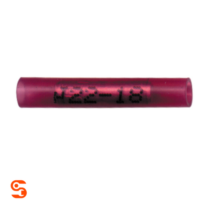 Red nylon butt connector terminal with cylindrical translucent sleeve and black printed markings