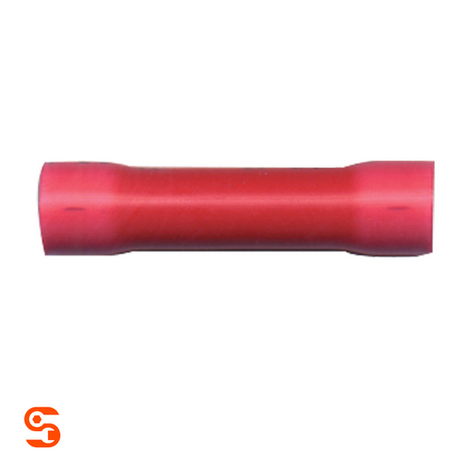 Red vinyl insulated butt connector with a cylindrical metal crimp sleeve on white background