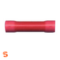 Red vinyl insulated butt connector with a cylindrical metal crimp sleeve on white background