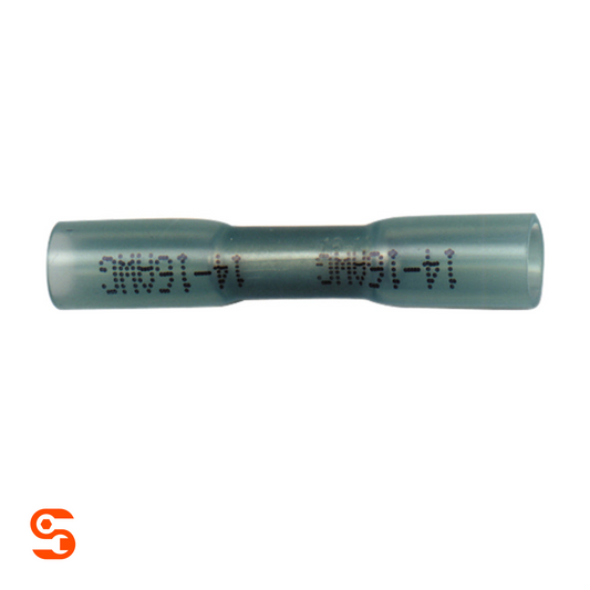 Blue heat shrink butt connector with translucent insulated sleeve and printed markings
