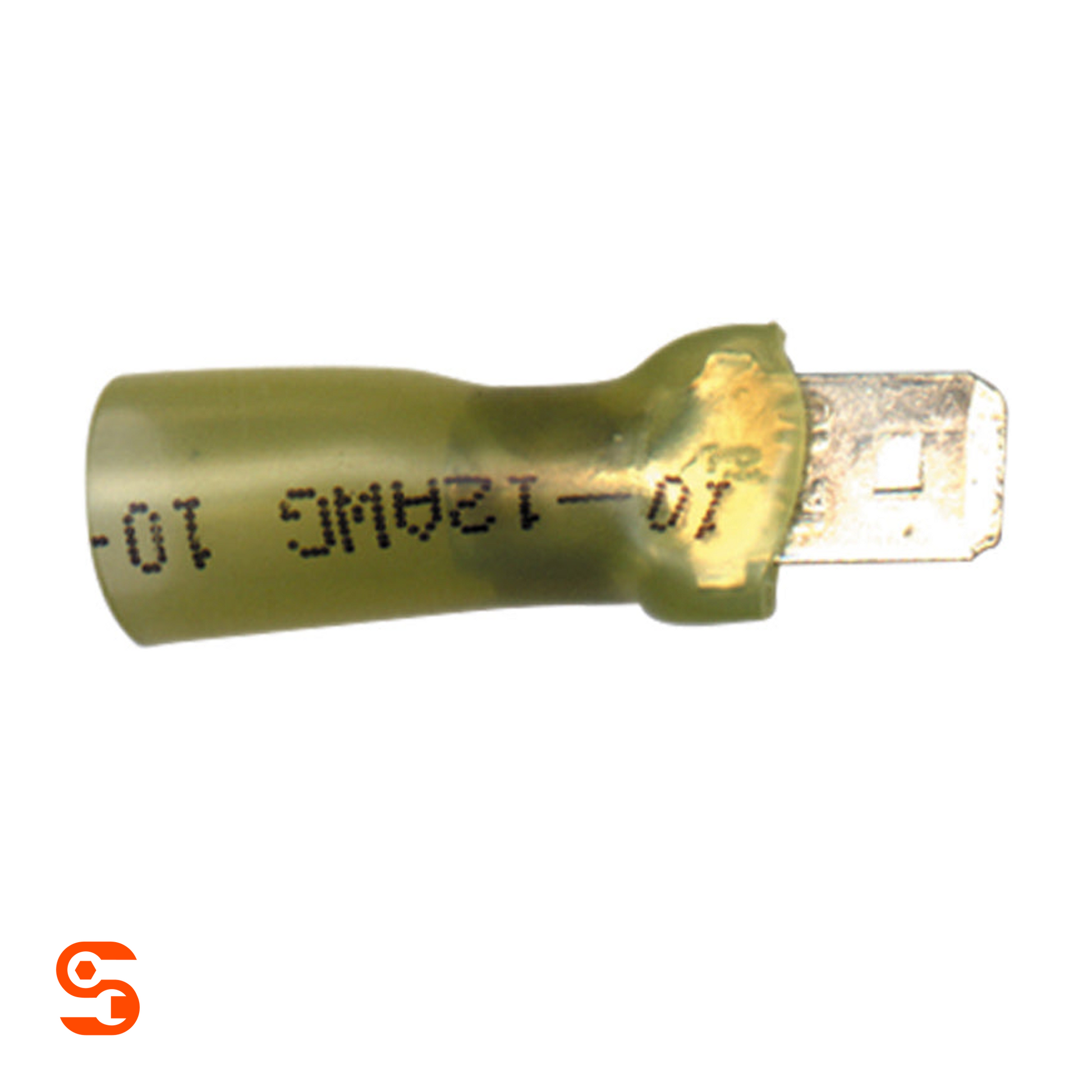 Yellow heat shrink quick disconnect terminal with metal tab for 12-10 AWG wire