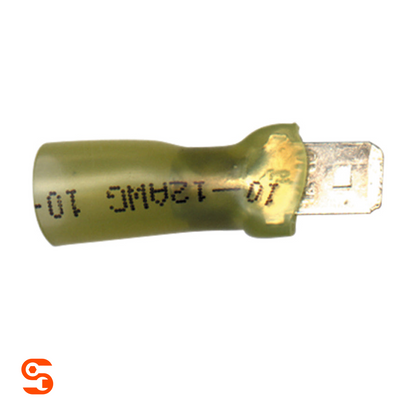 Yellow heat shrink quick disconnect terminal with metal tab for 12-10 AWG wire