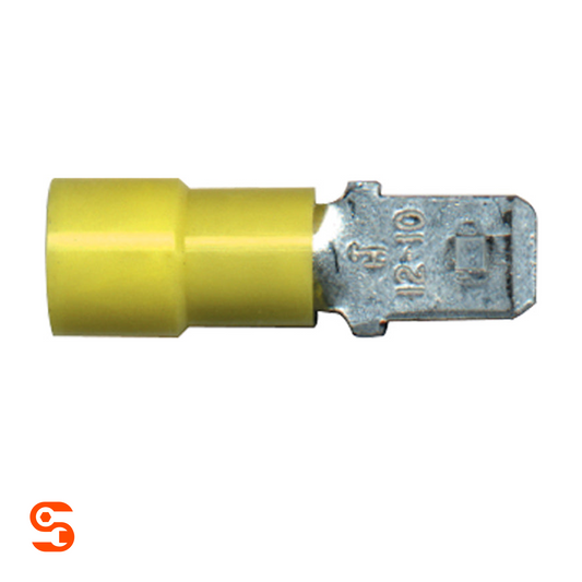 Yellow vinyl insulated female quick disconnect terminal with silver metal tab, 12-10 AWG