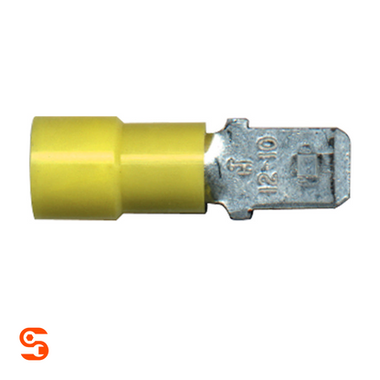 Yellow vinyl insulated female quick disconnect terminal with silver metal tab, 12-10 AWG