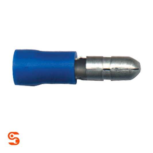 Blue nylon insulated male bullet terminal connector with metal pin for 16-14 AWG wire