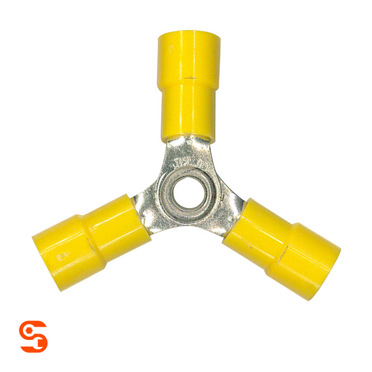 Yellow vinyl insulated 3-way terminal connector with three metal ring terminals and crimp sleeves