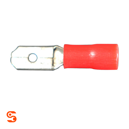 Red vinyl insulated quick disconnect terminal with flat metal tab for 22–18 AWG wire