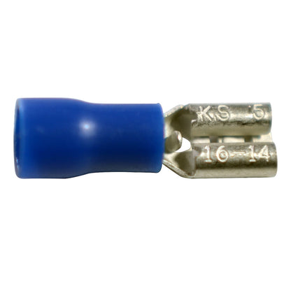Female Vinyl Insulated Terminal Quick Disconnect | Wire Size: 16–14 AWG | Stud Size: 0.187 × 0.020 | Color: Blue