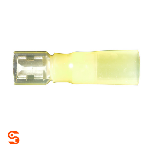 Light yellow heat shrink fully insulated female quick disconnect terminal with translucent sleeve
