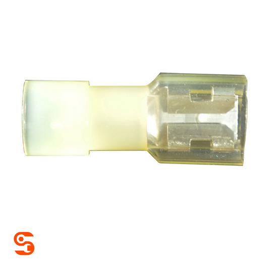 Light yellow nylon fully insulated quick disconnect terminal with translucent female connector end