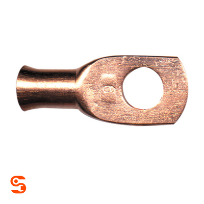 Copper lug terminal with round stud hole, flared wire barrel, and brushed copper finish