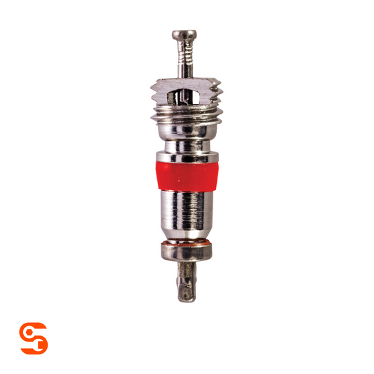 Nickel-plated TPMS valve core with red seal, shown as a single metal replacement core