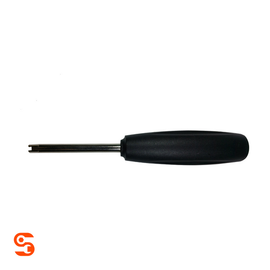 Black TPMS valve core torque tool with metal shaft and rounded plastic handle on white background