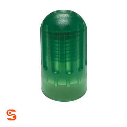 Green translucent TPMS valve cap with rounded top and ribbed interior, nitrogen air style