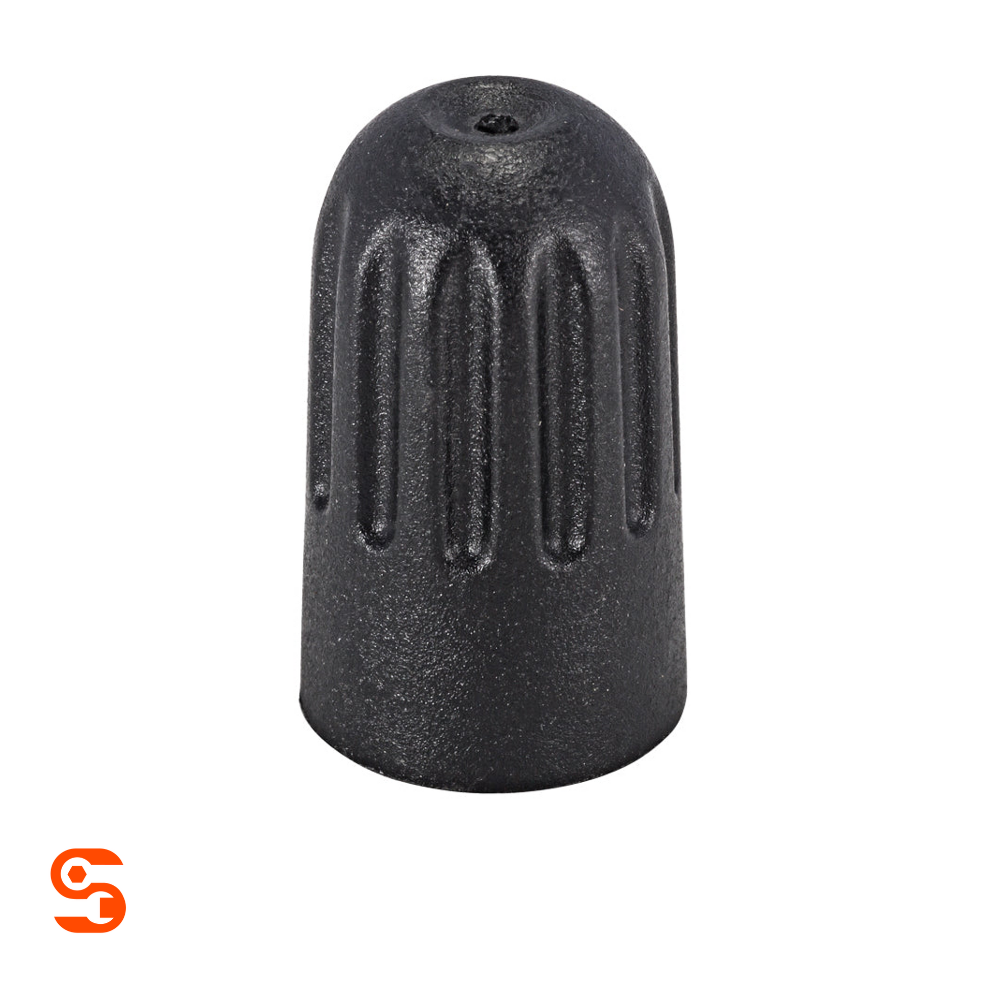 Black Schrader TPMS valve cap with textured finish, ribbed sides, and domed top with center hole