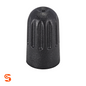 Black Schrader TPMS valve cap with textured finish, ribbed sides, and domed top with center hole