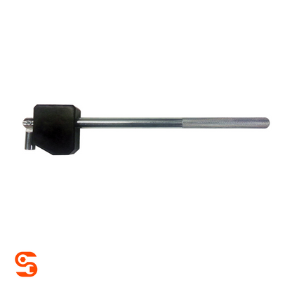 TPMS valve stem puller tool with metal handle and black rubber block on white background