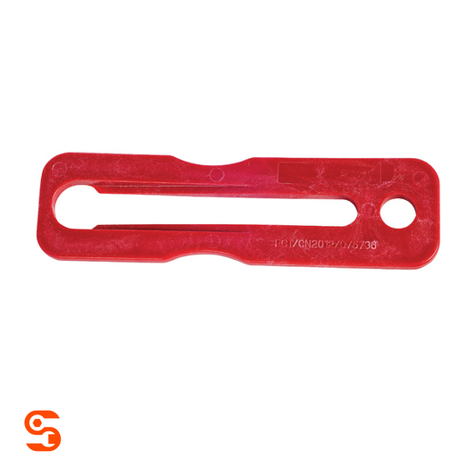 Red plastic TPMS valve grommet removal tool with long slot and round hole on white background
