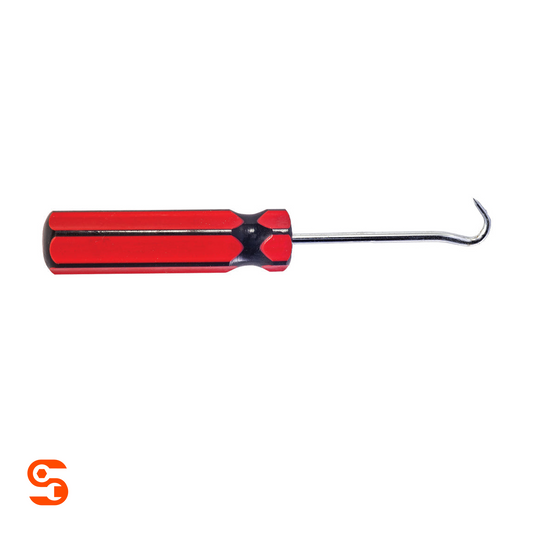 Red and black handled metal pick tool with a curved hook tip for removing TPMS valve grommets