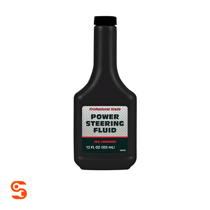 Black 12 fl oz bottle of professional grade power steering fluid with silver and green label