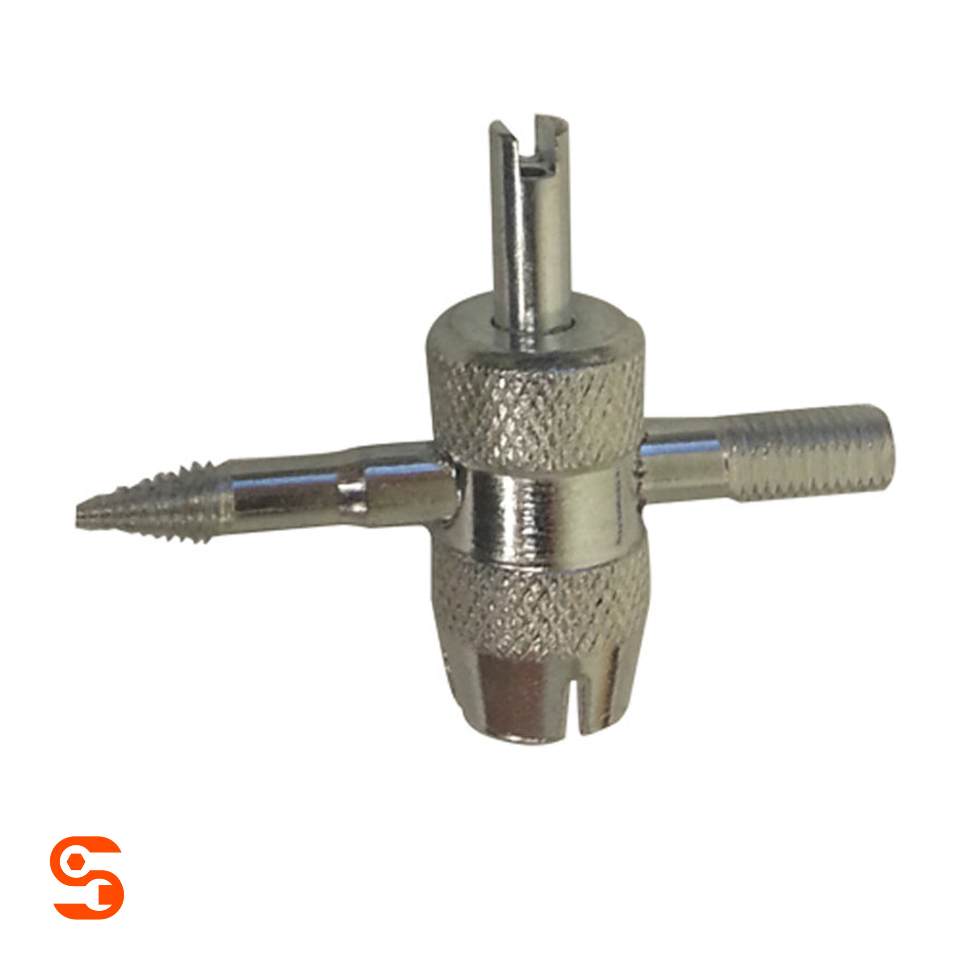 Silver metal four-way TPMS valve core and sensor nut tool with knurled center and threaded ends
