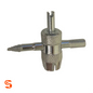 Silver metal four-way TPMS valve core and sensor nut tool with knurled center and threaded ends