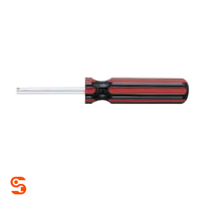 Valve core wrench tool with clear metal shaft and red-and-black ribbed handle