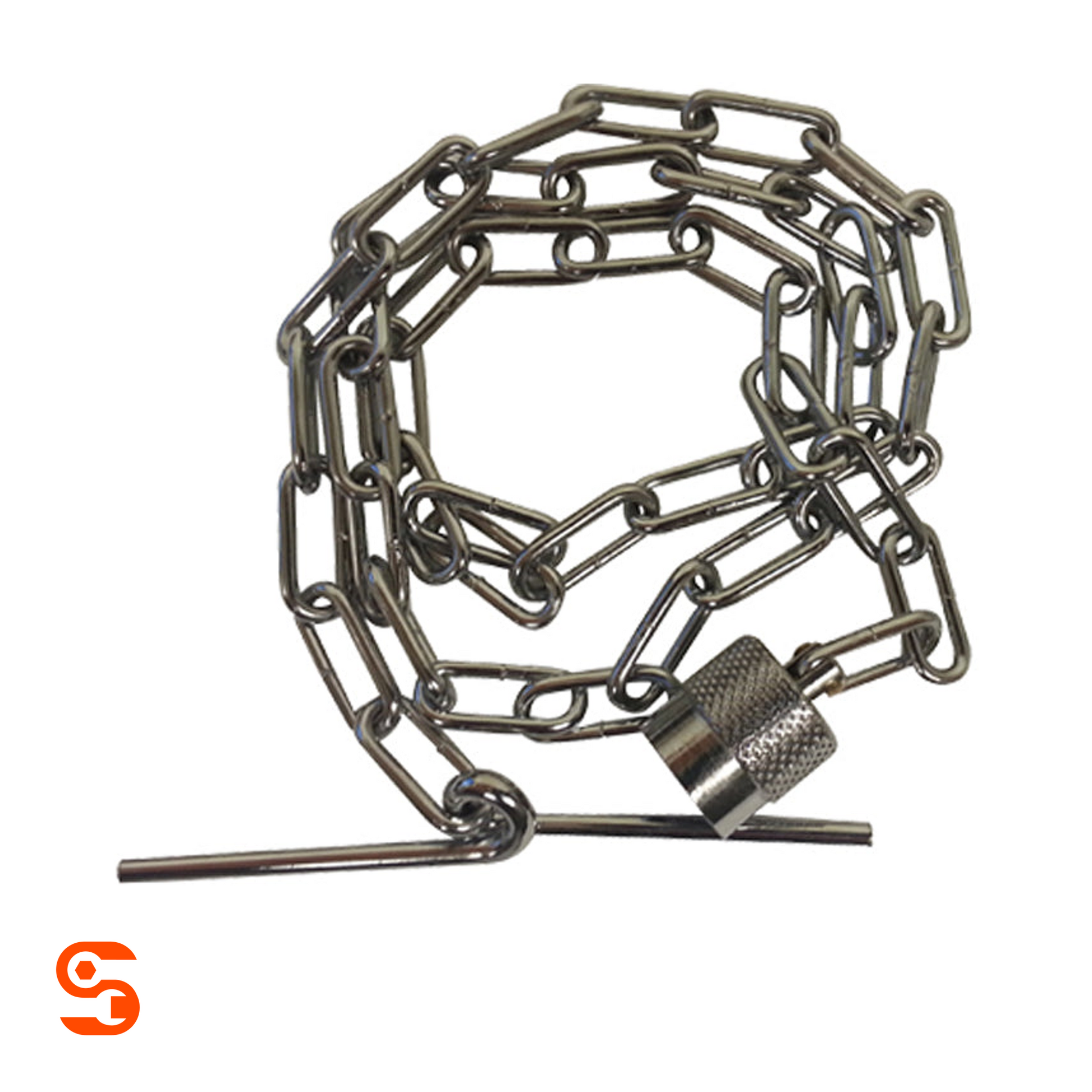Metal valve core fishing tool with coiled chain, cylindrical grip, and straight wire handle on a white background