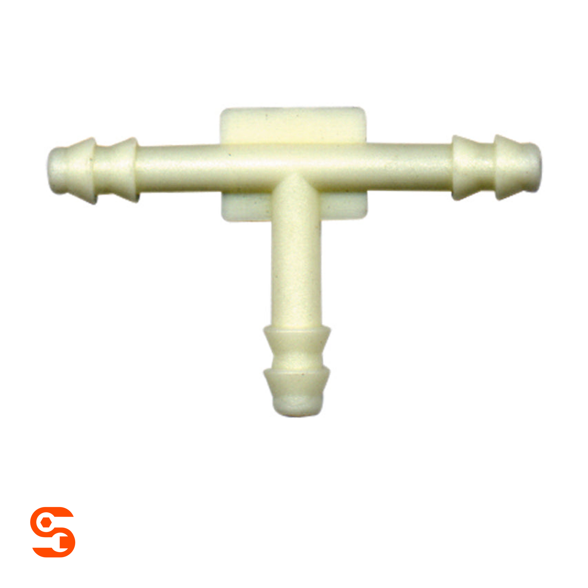 White plastic tee vacuum connector with three barbed 1/8 inch tube ends
