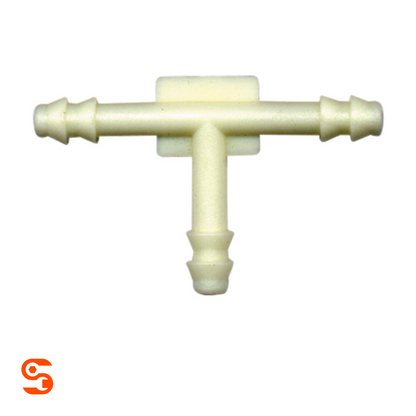 White plastic tee vacuum connector with three barbed 1/8 inch tube ends
