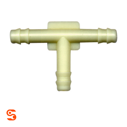 Pale plastic tee vacuum connector with three barbed 3/16 inch hose ends