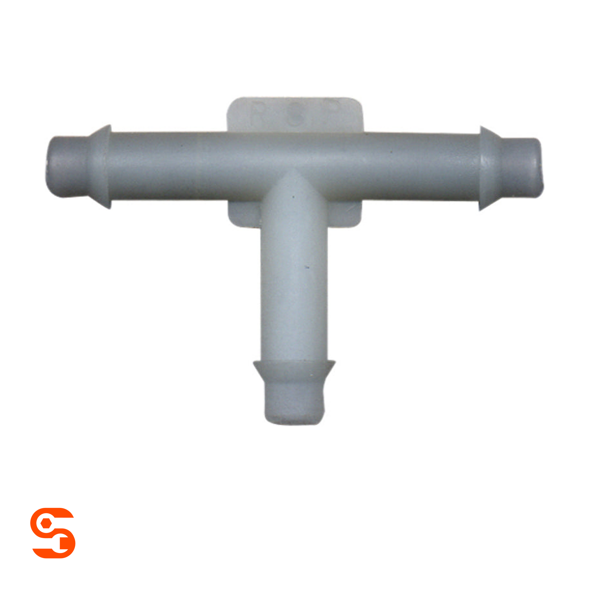 Grey plastic tee vacuum connector with three 1/4 inch barbed tube ends on a white background