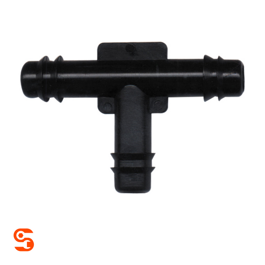 Black plastic tee vacuum connector with three barbed tube ends, box of 10