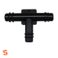 Black plastic tee vacuum connector with three barbed tube ends, box of 10