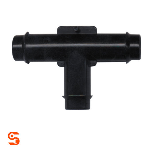 Black plastic tee vacuum connector with three equal barbed tube ends, box of 10