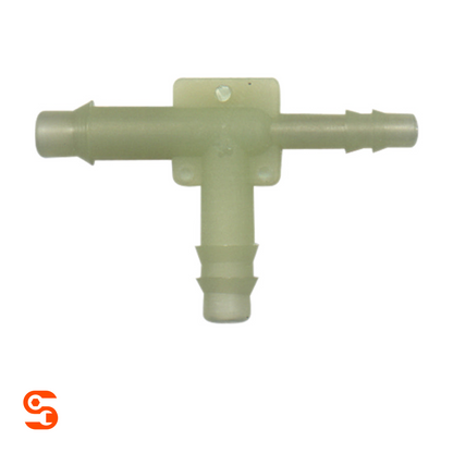 Translucent plastic tee vacuum connector with three barbed tube ends, box of 10