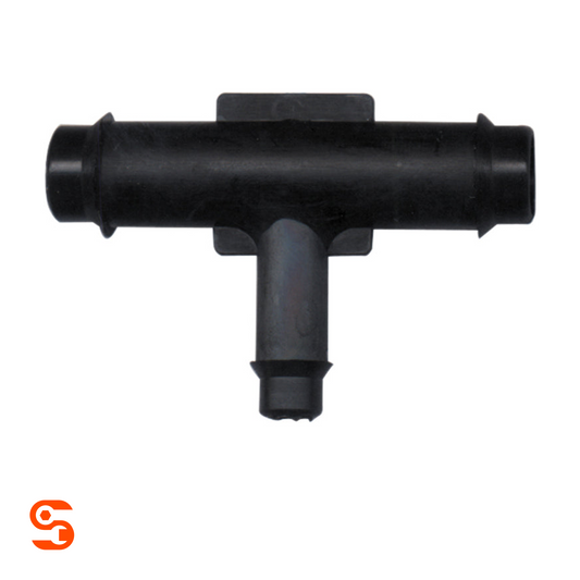 Black plastic tee vacuum connector with three barbed tube ends, box of 10