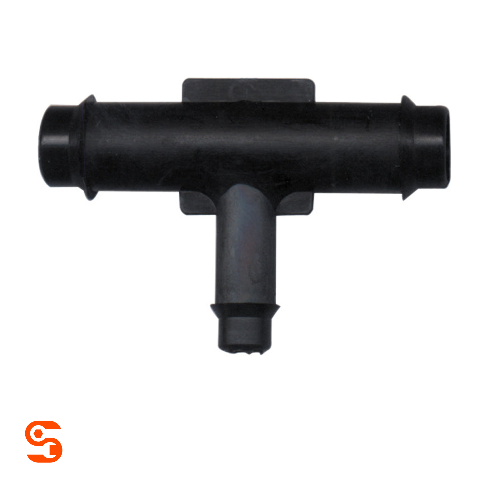 Black plastic tee vacuum connector with three barbed tube ends, box of 10