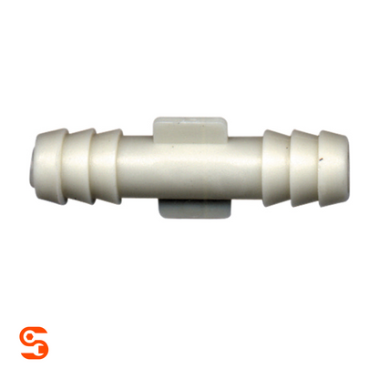 White plastic barbed hose splice vacuum connector with equal 5/16 inch tube ends, box of 10