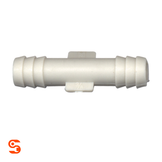 White plastic 3/8 hose splice vacuum connector with ribbed barbed ends