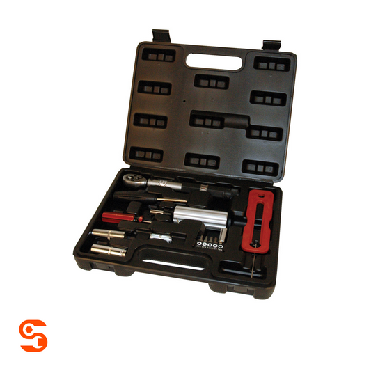 Open black TPMS service tool kit case with torque tool, sockets, valve tools, pick tools, and red grommet remover
