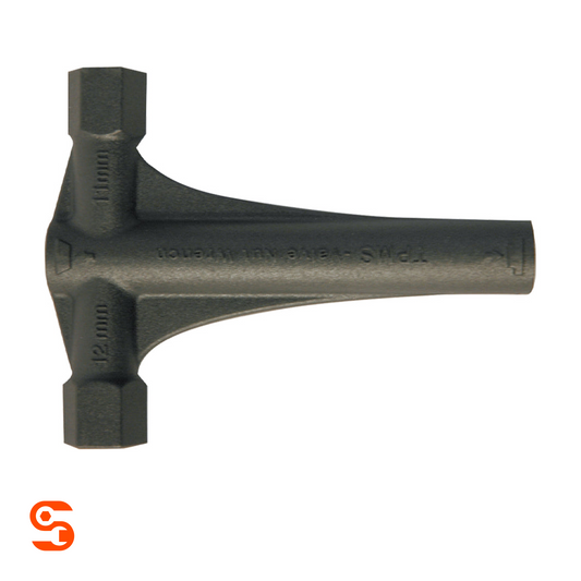 Black 4-way TPMS hex nut and grommet tool with 11mm and 12mm ends on a white background