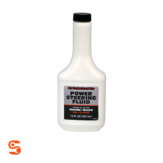 White 12 oz Honda/Acura power steering fluid bottle with black cap and front label