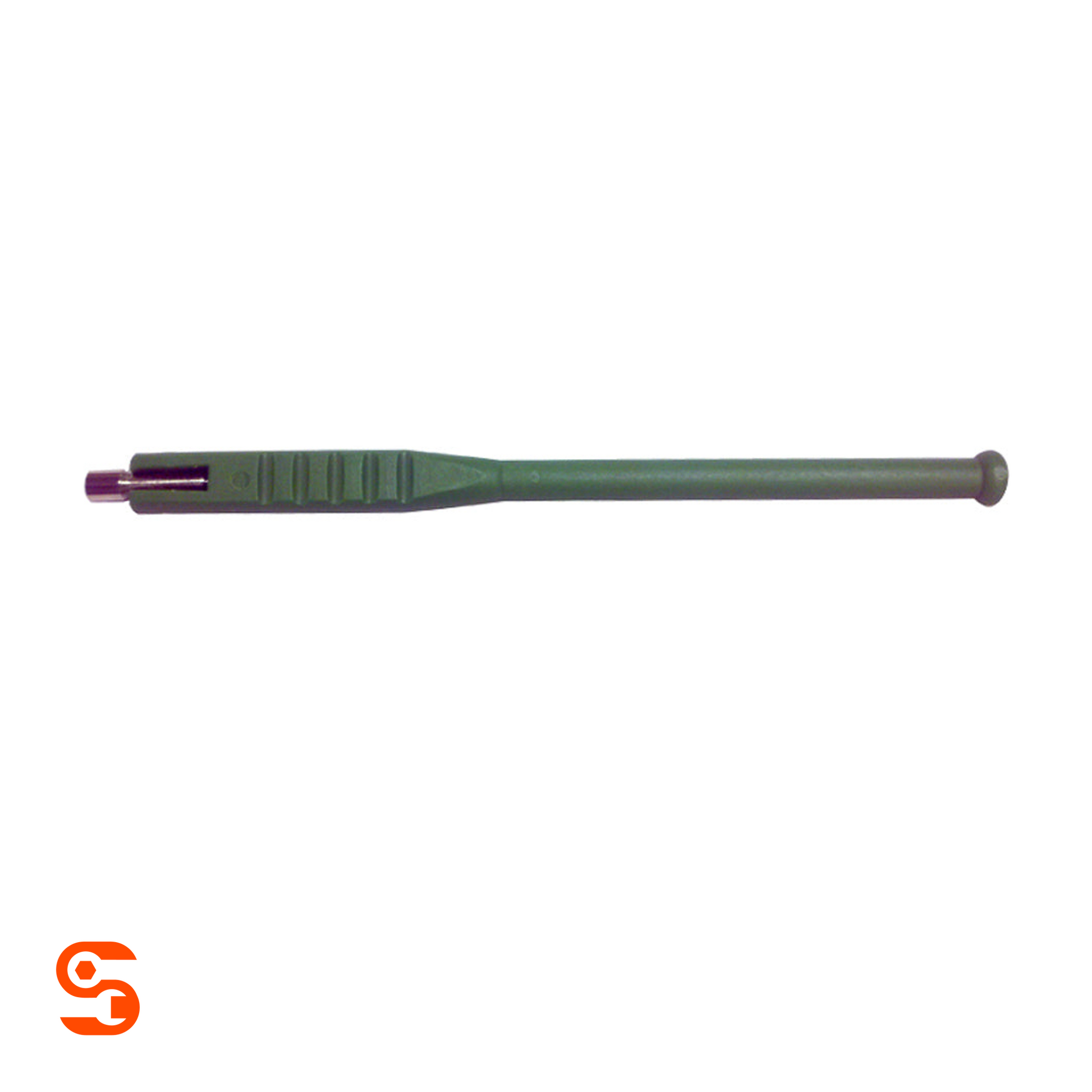 Green valve stem puller tool with ribbed handle and metal tip on white background